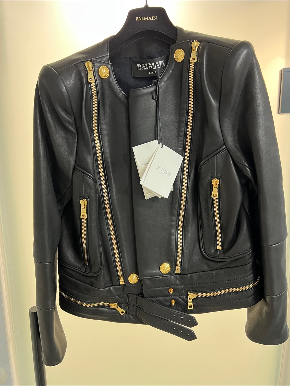 Balmain Black Leather Jacket with Gold Hardware